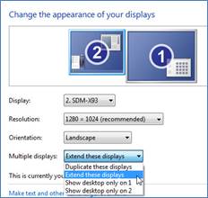 Click the Multiple displays drop-down list, and then select Extend these displays, or Duplicate these displays.
